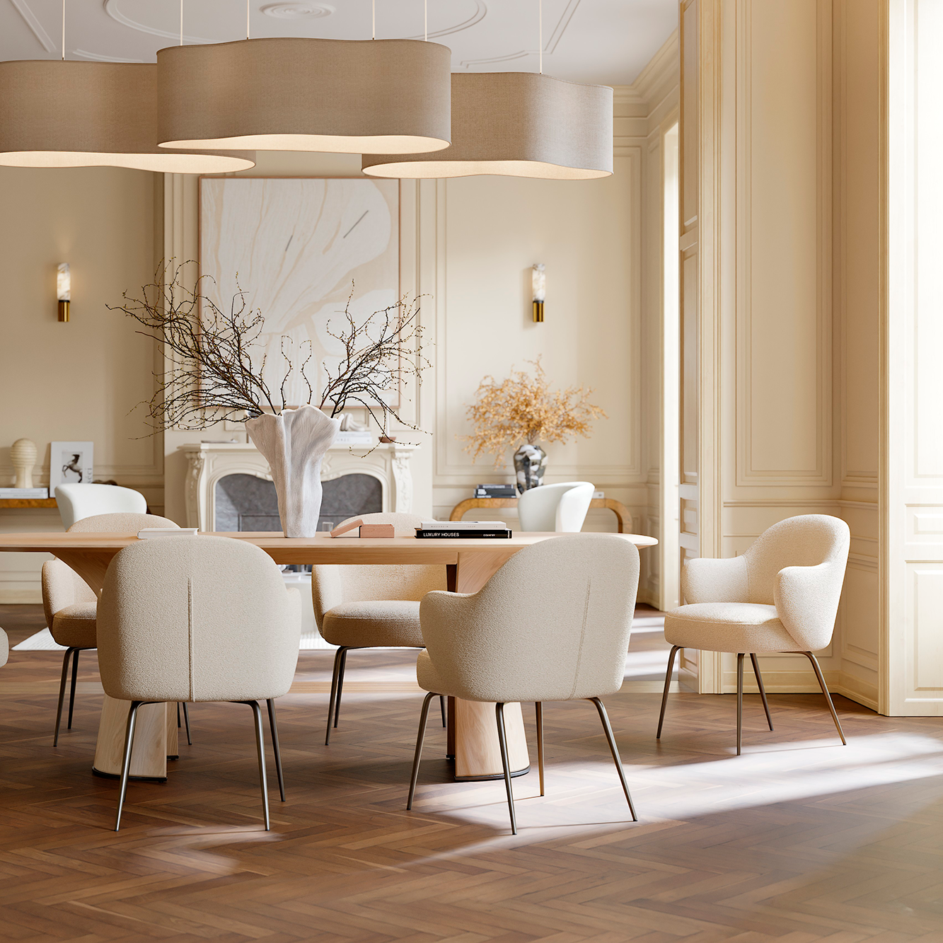 [var:Bezug=Frosted Almond Bouclé-Stoff mit Schimmer und antiken Messingbeinen] BAE Sessel