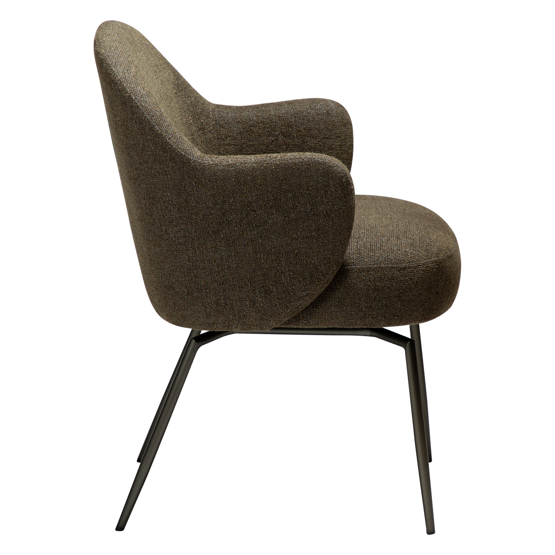 [var:Bezug=Dunkelolivfarbener Bouclé-Stoff mit antiken Zinn-Schwenkbeinen] BAE Drehstuhl