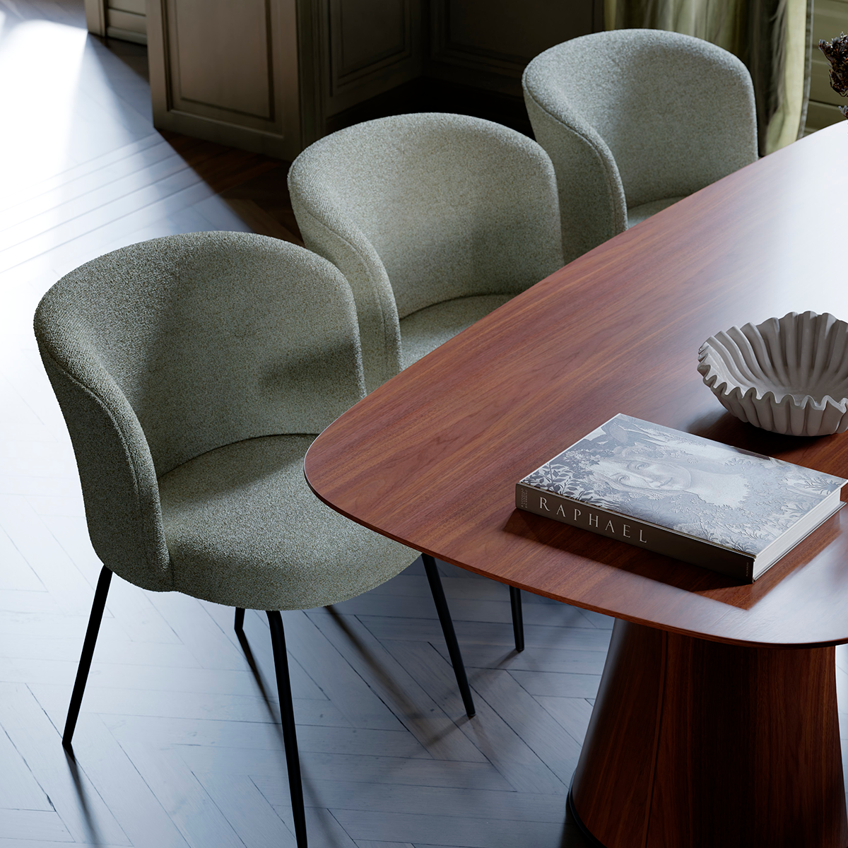 [var:Bezug=Kieselfarbener Bouclé-Stoff mit schwarzen Beinen] BLISS Stuhl