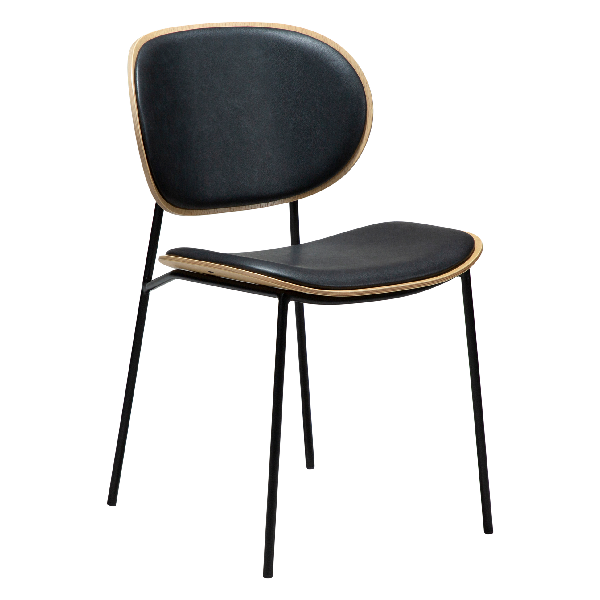 [var:Bezug=Raben-schwarzes Kunstleder und weißgewaschenes Eichenholz mit schwarzen Metallbeinen] CLEMENTINA Stuhl