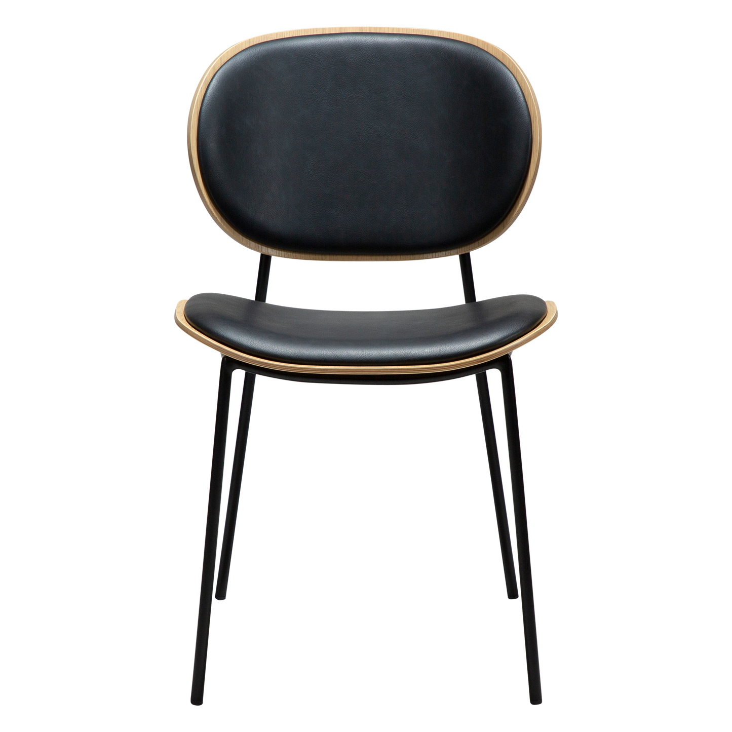 [var:Bezug=Raben-schwarzes Kunstleder und weißgewaschenes Eichenholz mit schwarzen Metallbeinen] CLEMENTINA Stuhl