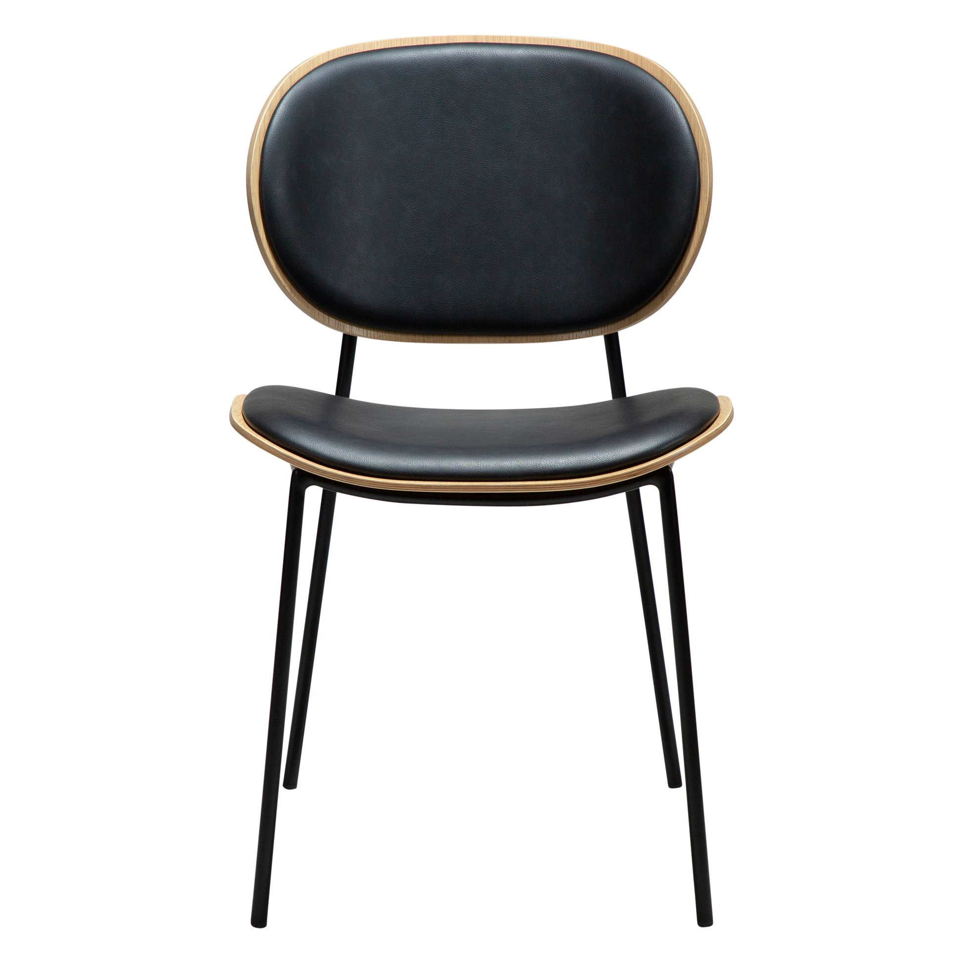 [var:Bezug=Raben-schwarzes Kunstleder und weißgewaschenes Eichenholz mit schwarzen Metallbeinen] CLEMENTINA Stuhl