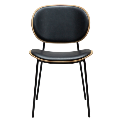 [var:Bezug=Raben-schwarzes Kunstleder und weißgewaschenes Eichenholz mit schwarzen Metallbeinen] CLEMENTINA Stuhl