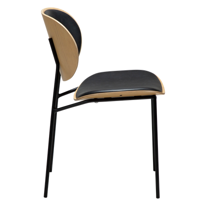 [var:Bezug=Raben-schwarzes Kunstleder und weißgewaschenes Eichenholz mit schwarzen Metallbeinen] CLEMENTINA Stuhl