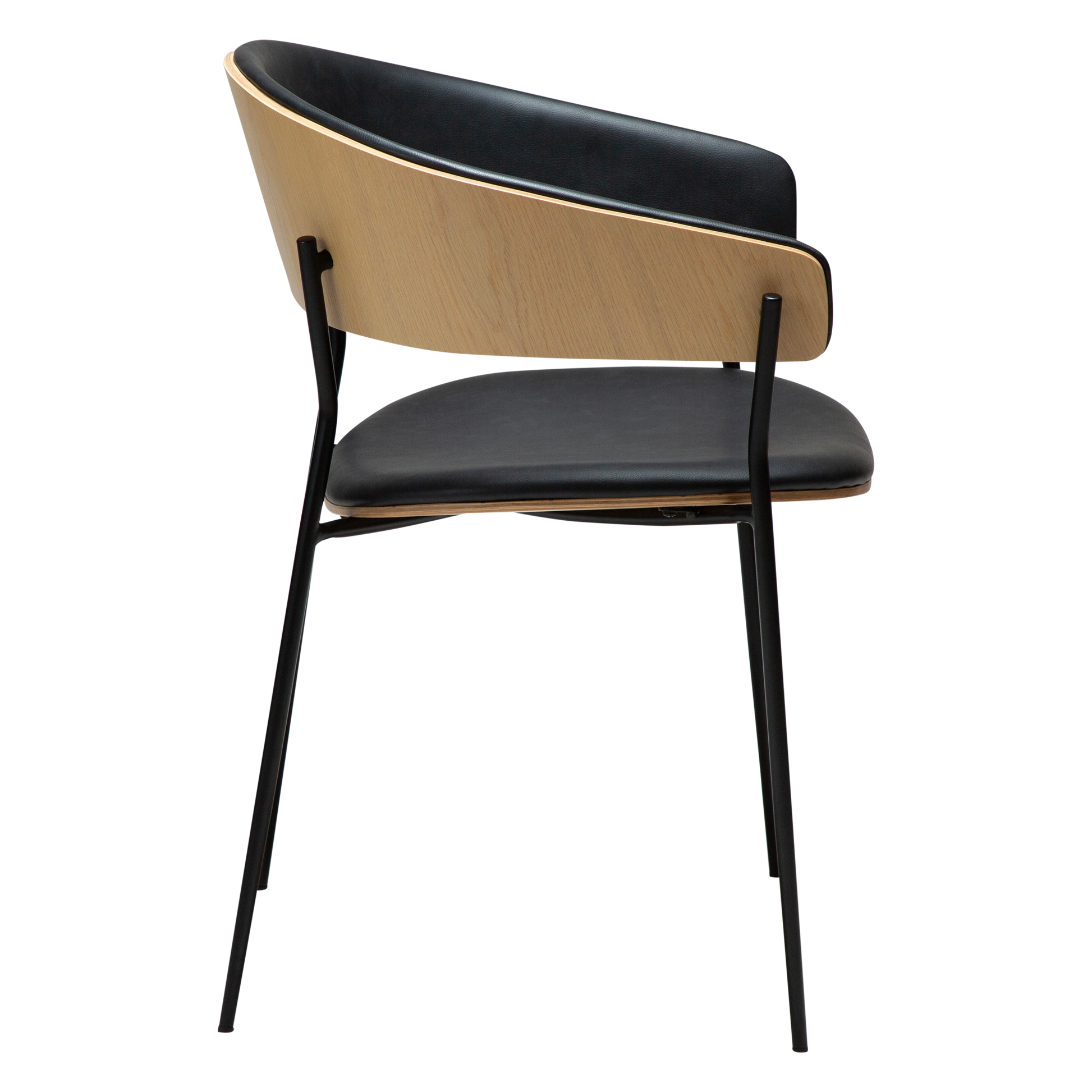 [var:Bezug=Raben-schwarzes Kunstleder und weißgewaschenes Eichenfurnier mit schwarzen Metallbeinen] CRIB Sessel
