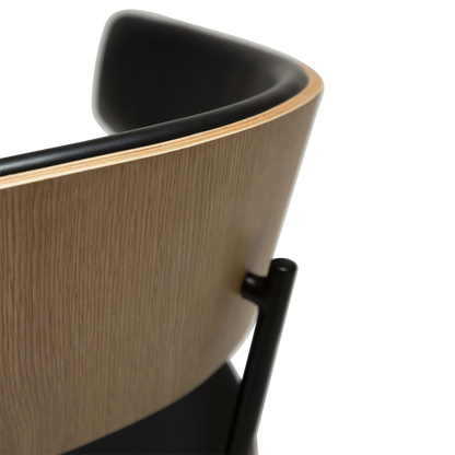 [var:Bezug=Vintage schwarzes Kunstleder und Eichenfurnier mit schwarzen Beinen] CRIB Sessel