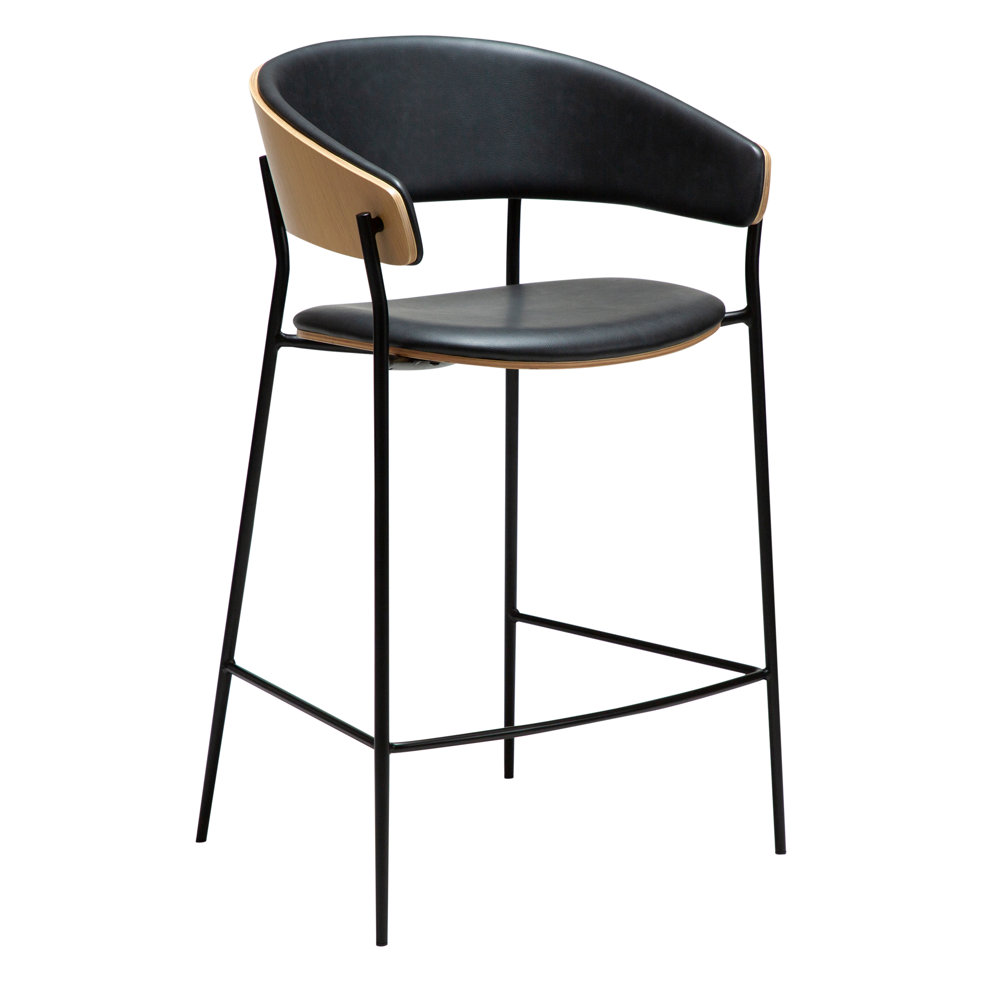 [var:Bezug=Raben-schwarzes Kunstleder und weißgewaschenes Eichenfurnier mit schwarzen Metallbeinen] CRIB Thekenhocker