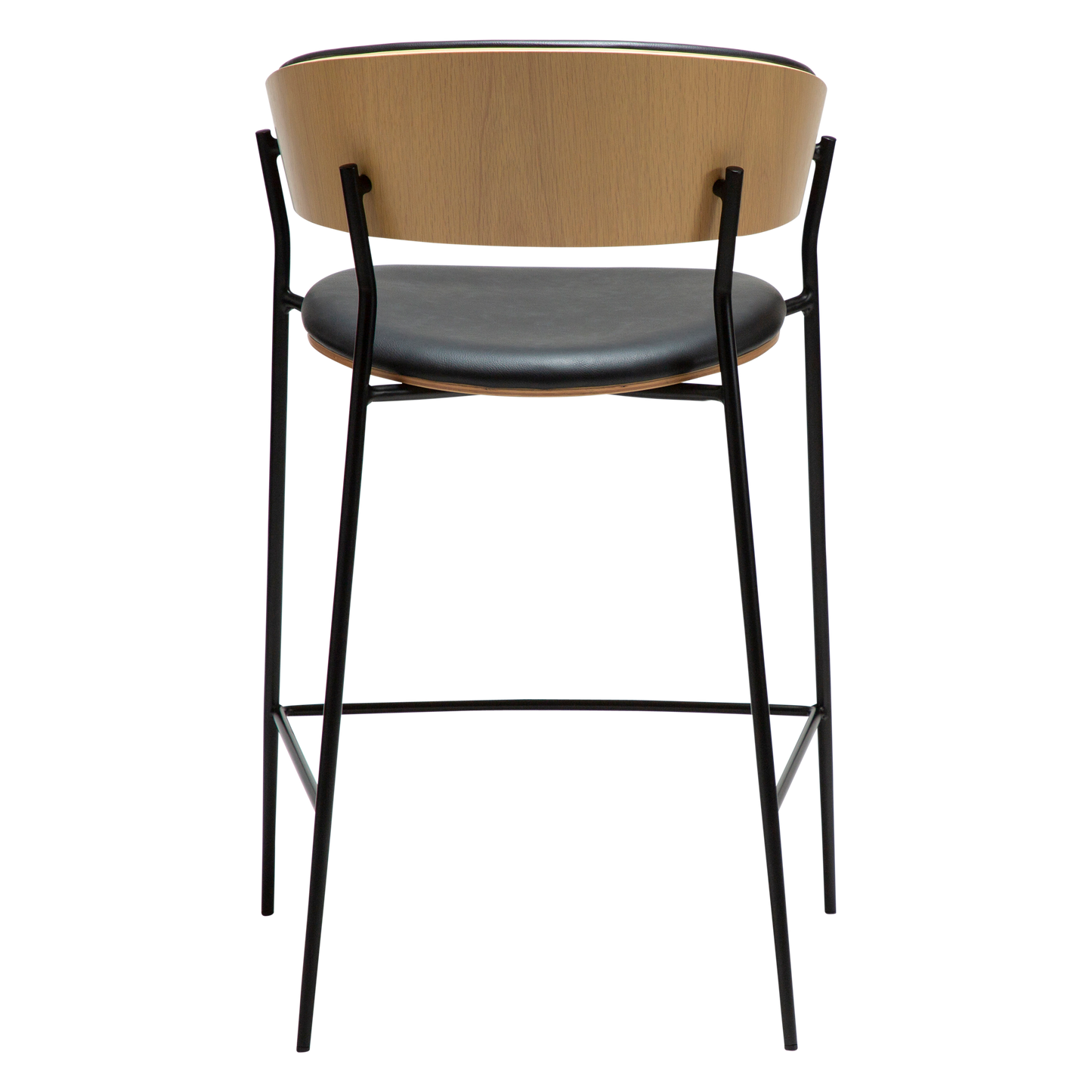 [var:Bezug=Raben-schwarzes Kunstleder und weißgewaschenes Eichenfurnier mit schwarzen Metallbeinen] CRIB Thekenhocker