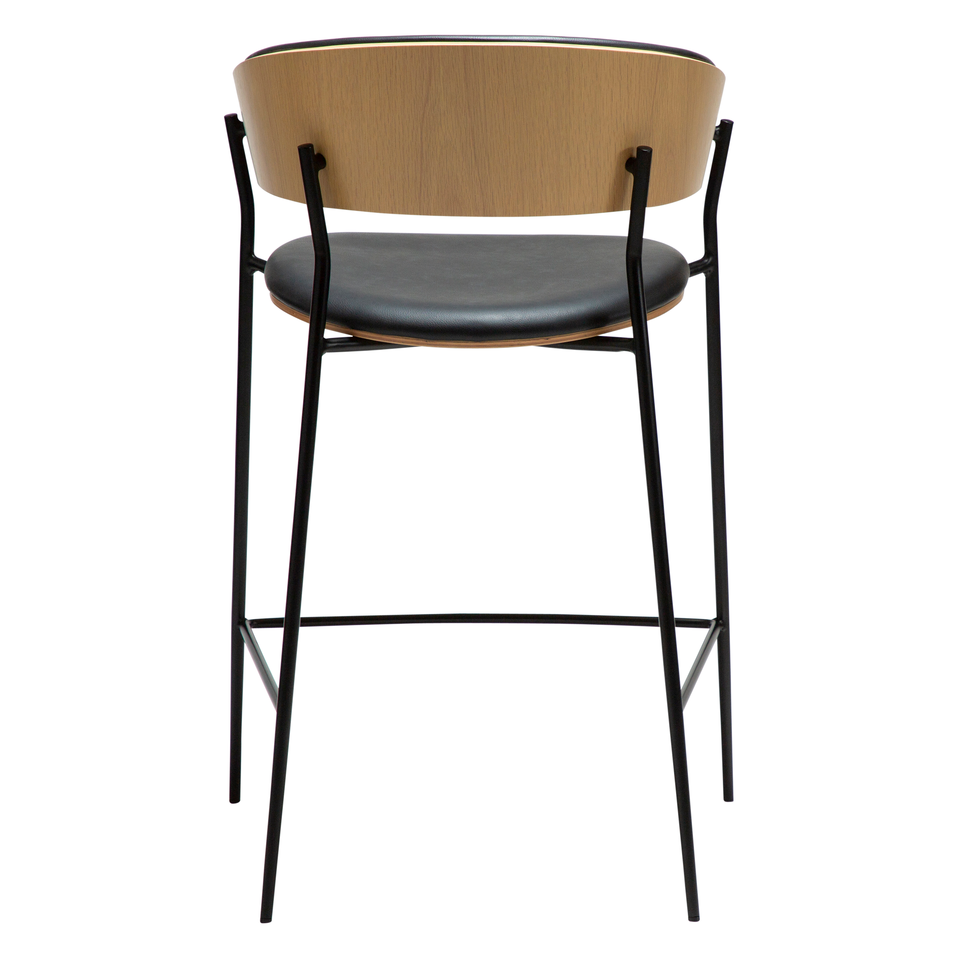 [var:Bezug=Raben-schwarzes Kunstleder und weißgewaschenes Eichenfurnier mit schwarzen Metallbeinen] CRIB Thekenhocker