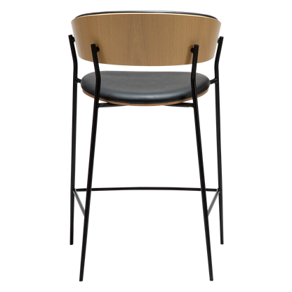 [var:Bezug=Raben-schwarzes Kunstleder und weißgewaschenes Eichenfurnier mit schwarzen Metallbeinen] CRIB Thekenhocker