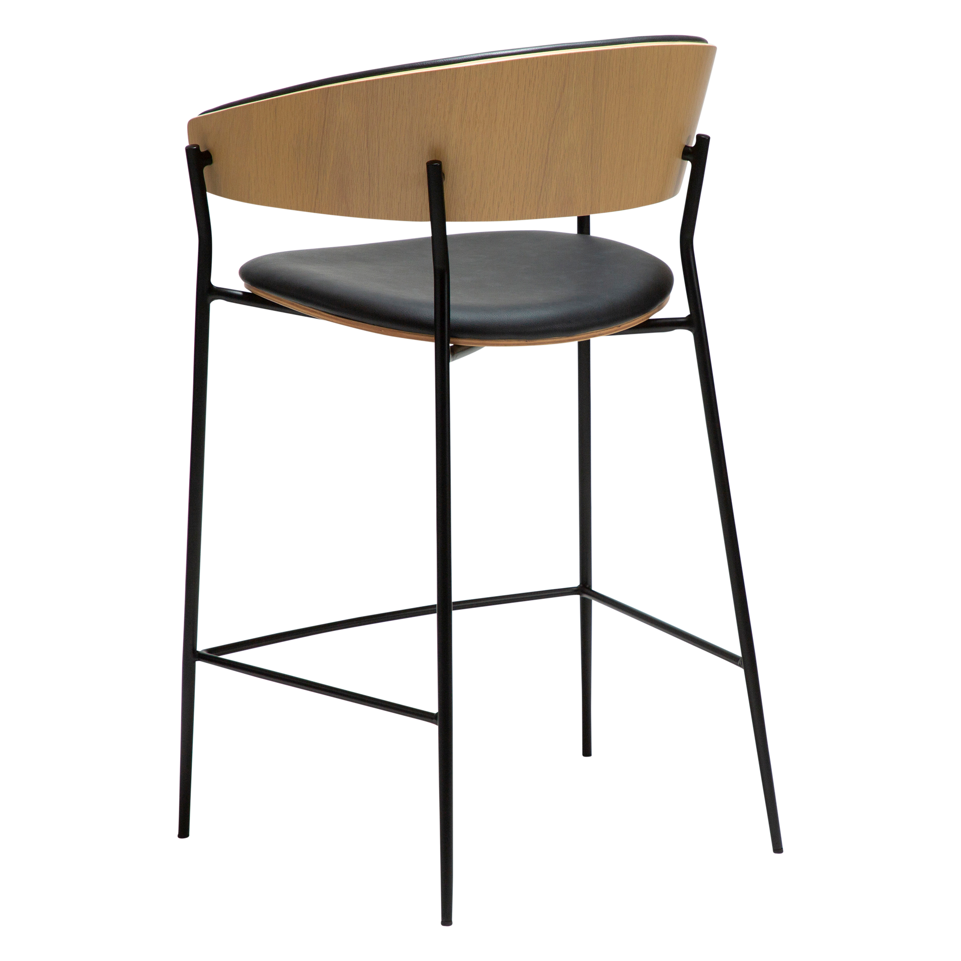 [var:Bezug=Raben-schwarzes Kunstleder und weißgewaschenes Eichenfurnier mit schwarzen Metallbeinen] CRIB Thekenhocker