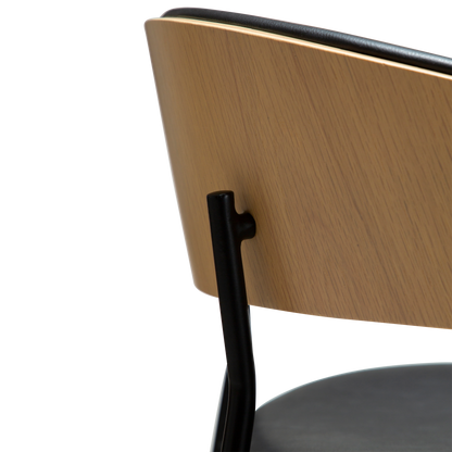 [var:Bezug=Raben-schwarzes Kunstleder und weißgewaschenes Eichenfurnier mit schwarzen Metallbeinen] CRIB Thekenhocker