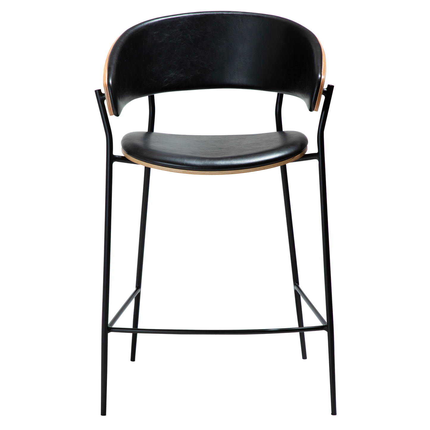 [var:Bezug=Vintage schwarzes Kunstleder und Eichenfurnier mit schwarzen Metallbeinen] CRIB Thekenhocker