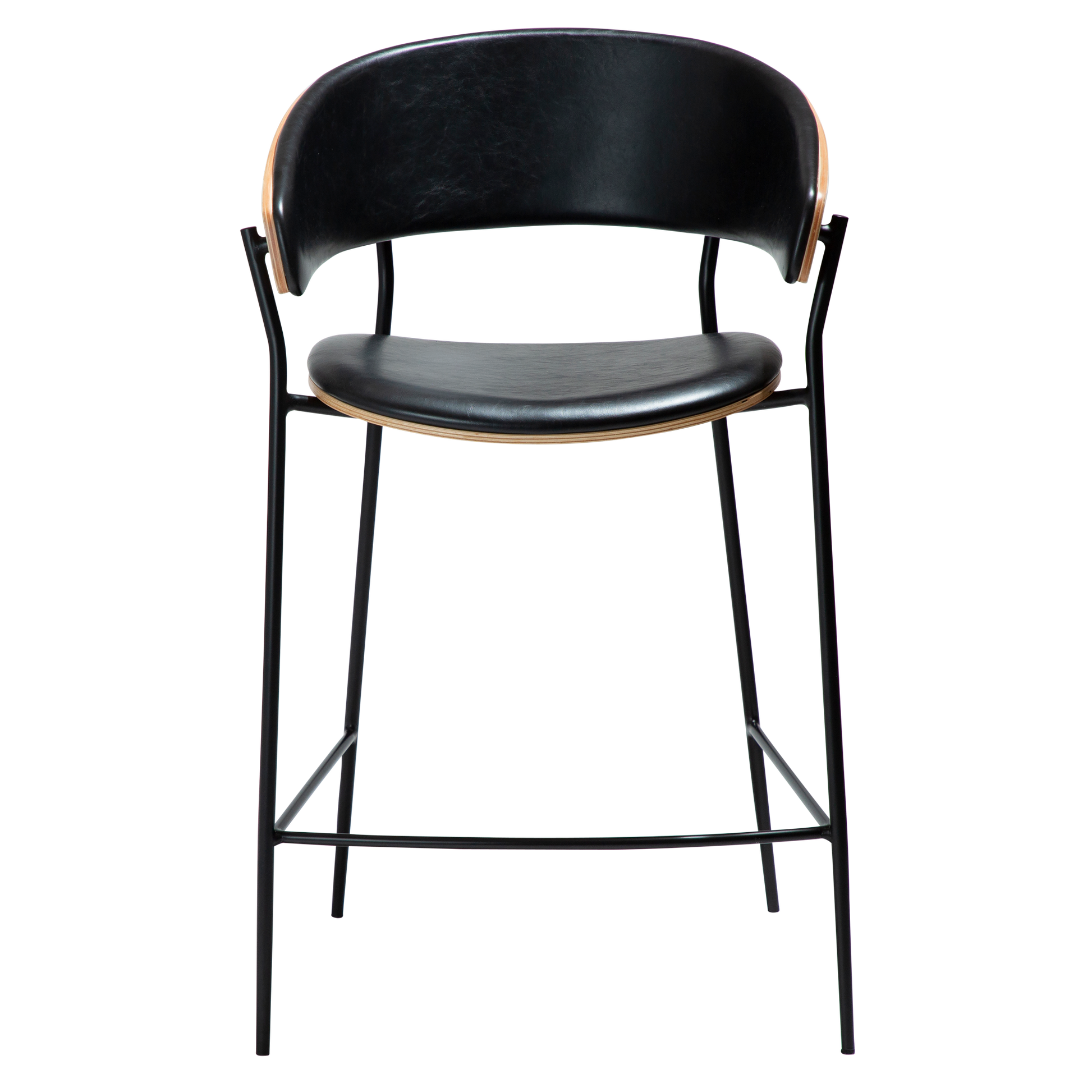 [var:Bezug=Vintage schwarzes Kunstleder und Eichenfurnier mit schwarzen Metallbeinen] CRIB Thekenhocker