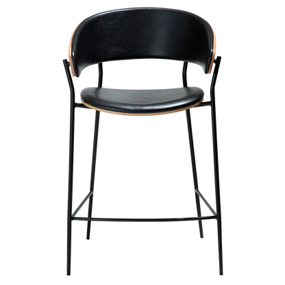 [var:Bezug=Vintage schwarzes Kunstleder und Eichenfurnier mit schwarzen Metallbeinen] CRIB Thekenhocker