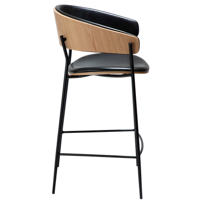 [var:Bezug=Vintage schwarzes Kunstleder und Eichenfurnier mit schwarzen Metallbeinen] CRIB Thekenhocker