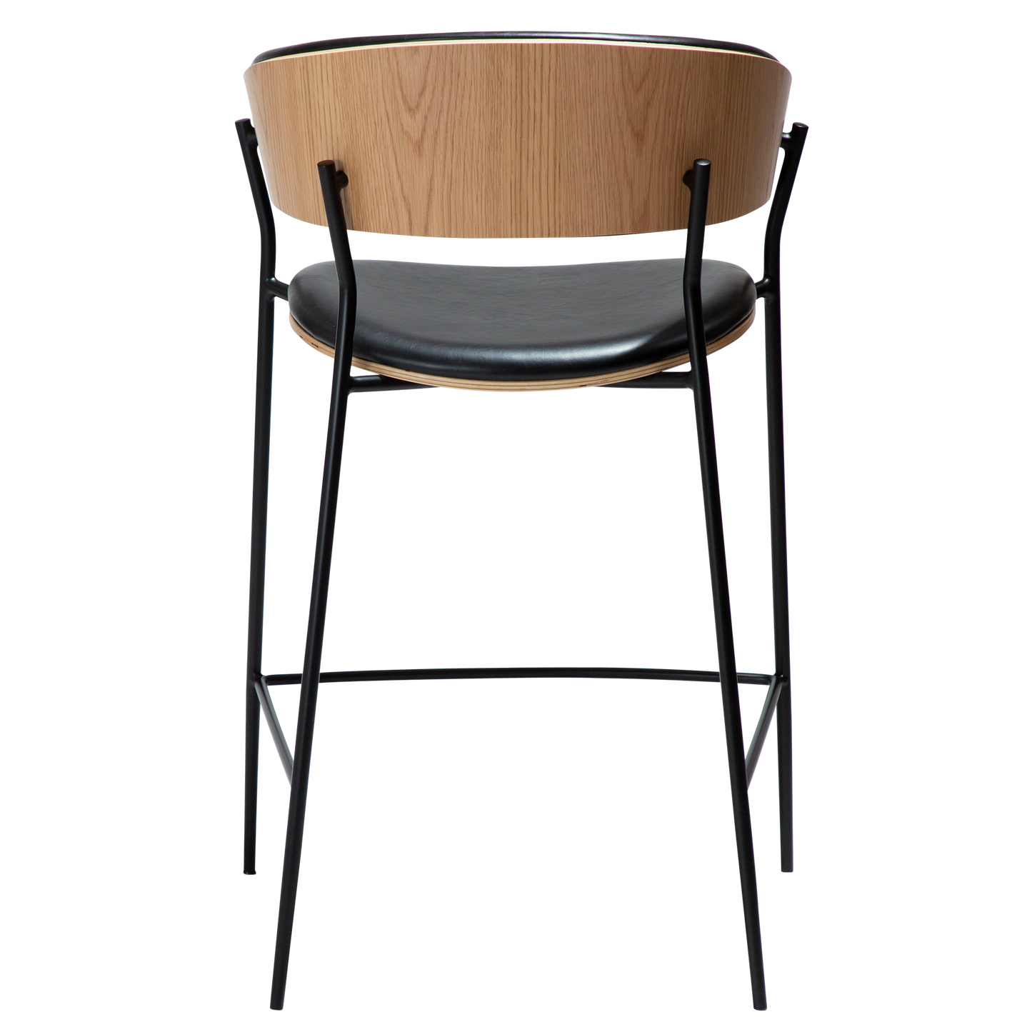 [var:Bezug=Vintage schwarzes Kunstleder und Eichenfurnier mit schwarzen Metallbeinen] CRIB Thekenhocker