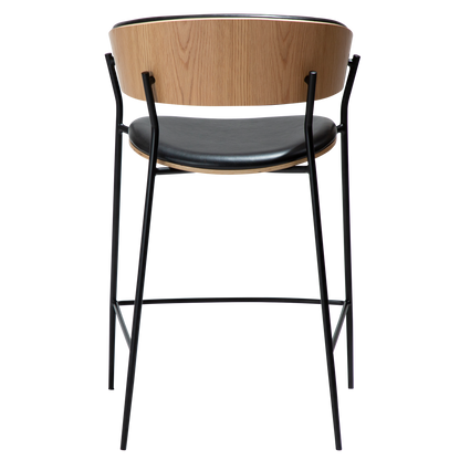 [var:Bezug=Vintage schwarzes Kunstleder und Eichenfurnier mit schwarzen Metallbeinen] CRIB Thekenhocker