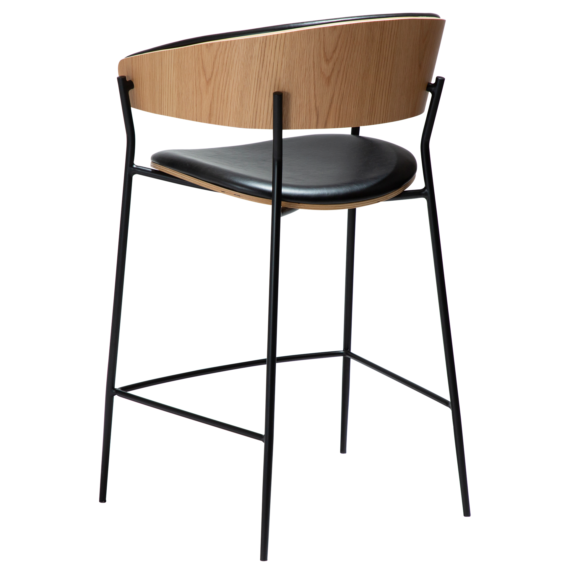 [var:Bezug=Vintage schwarzes Kunstleder und Eichenfurnier mit schwarzen Metallbeinen] CRIB Thekenhocker