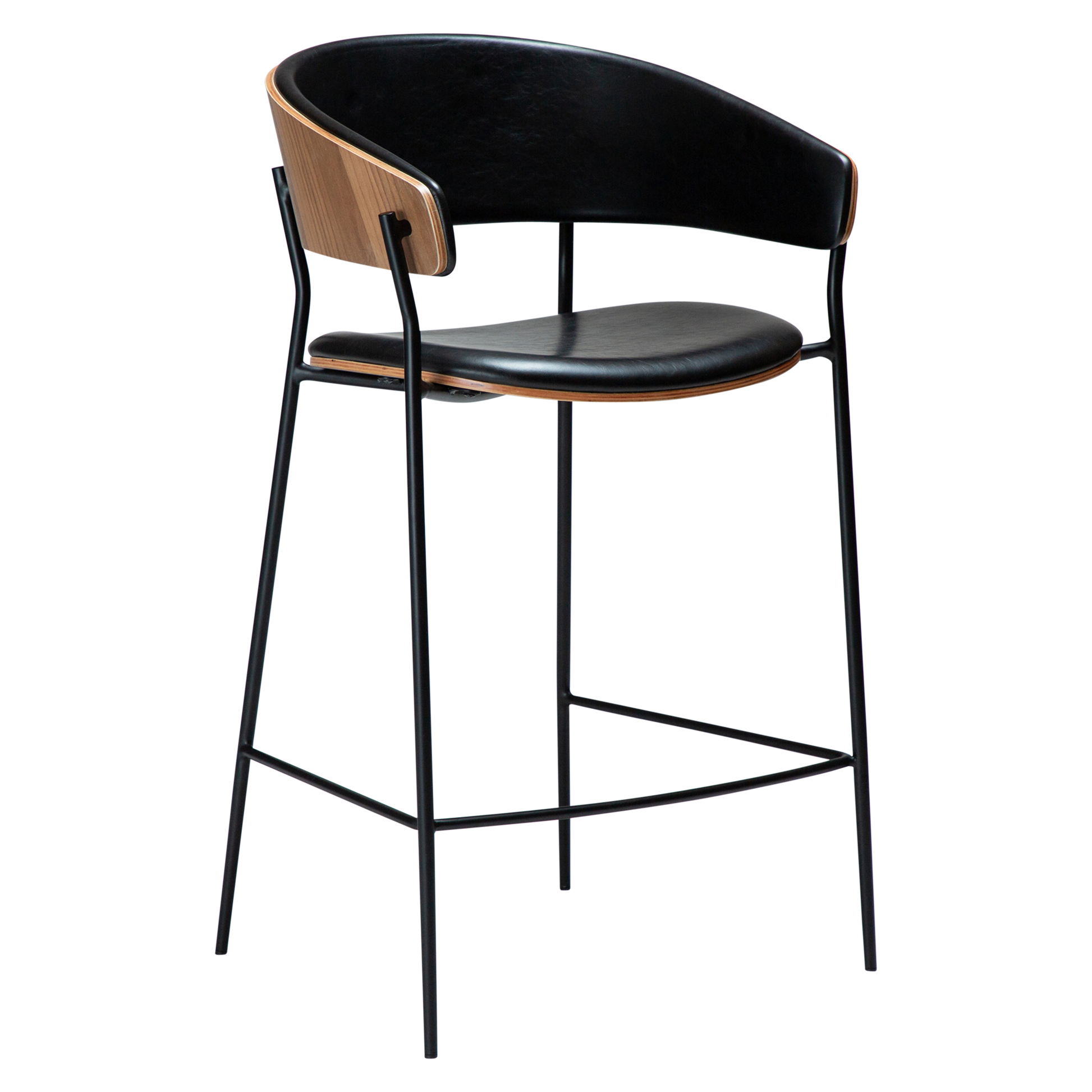 [var:Bezug=Vintage schwarzes Kunstleder und Walnussfurnier mit schwarzen Metallbeinen] CRIB Thekenhocker