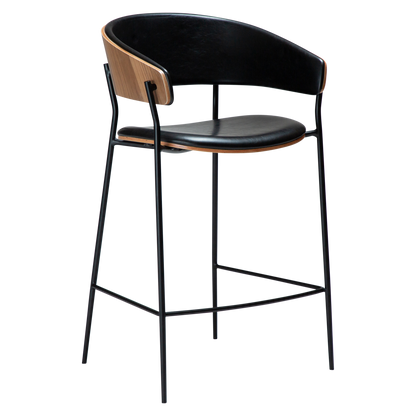 [var:Bezug=Vintage schwarzes Kunstleder und Walnussfurnier mit schwarzen Metallbeinen] CRIB Thekenhocker