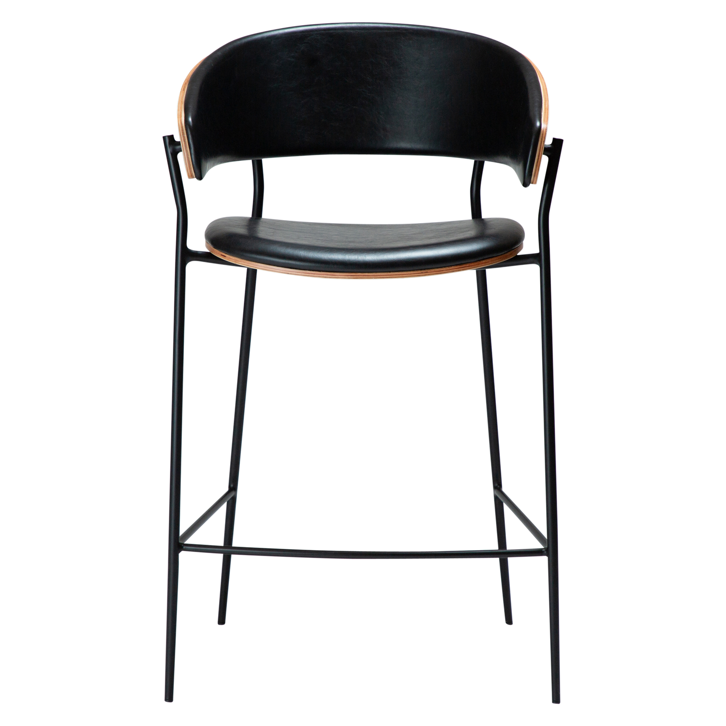 [var:Bezug=Vintage schwarzes Kunstleder und Walnussfurnier mit schwarzen Metallbeinen] CRIB Thekenhocker