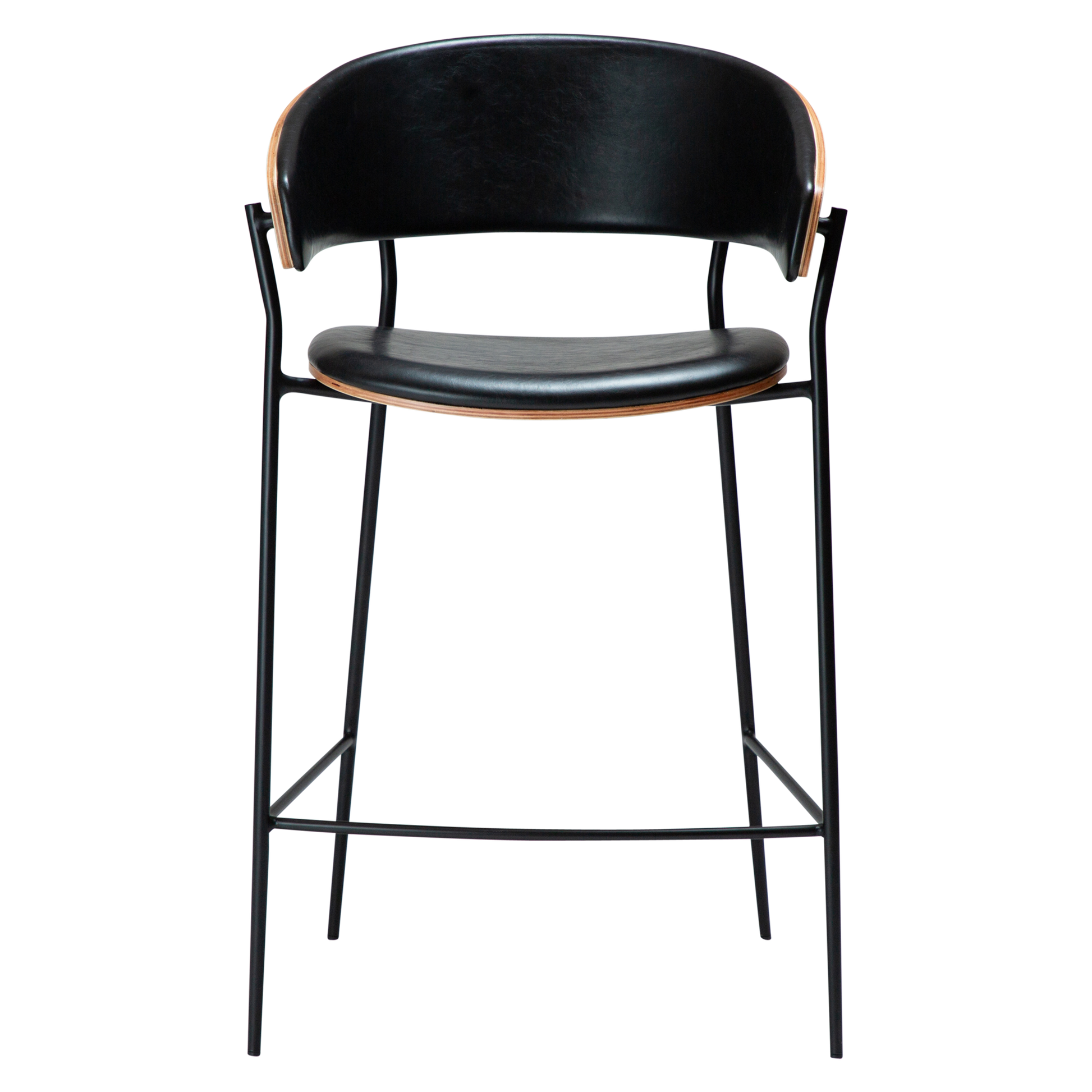 [var:Bezug=Vintage schwarzes Kunstleder und Walnussfurnier mit schwarzen Metallbeinen] CRIB Thekenhocker