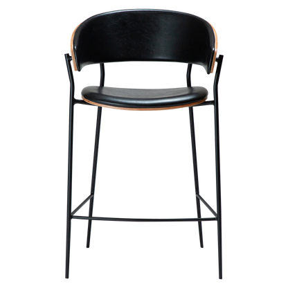 [var:Bezug=Vintage schwarzes Kunstleder und Walnussfurnier mit schwarzen Metallbeinen] CRIB Thekenhocker