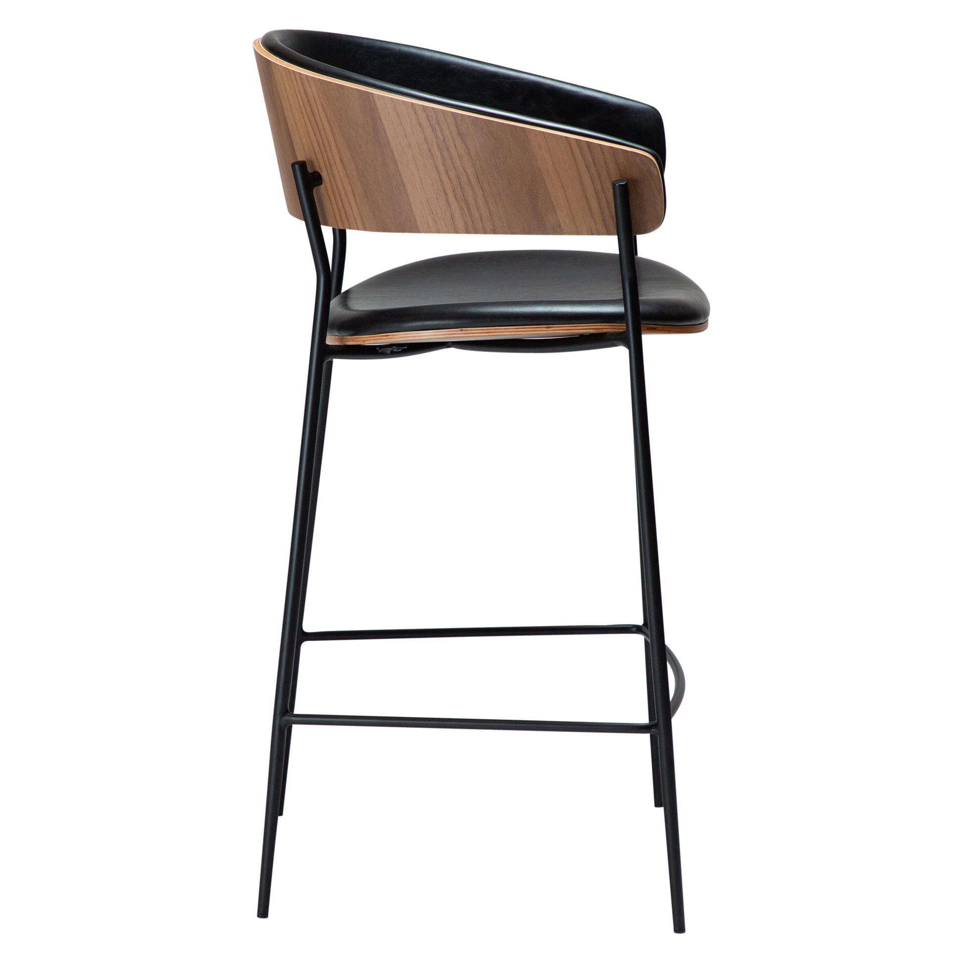 [var:Bezug=Vintage schwarzes Kunstleder und Walnussfurnier mit schwarzen Metallbeinen] CRIB Thekenhocker