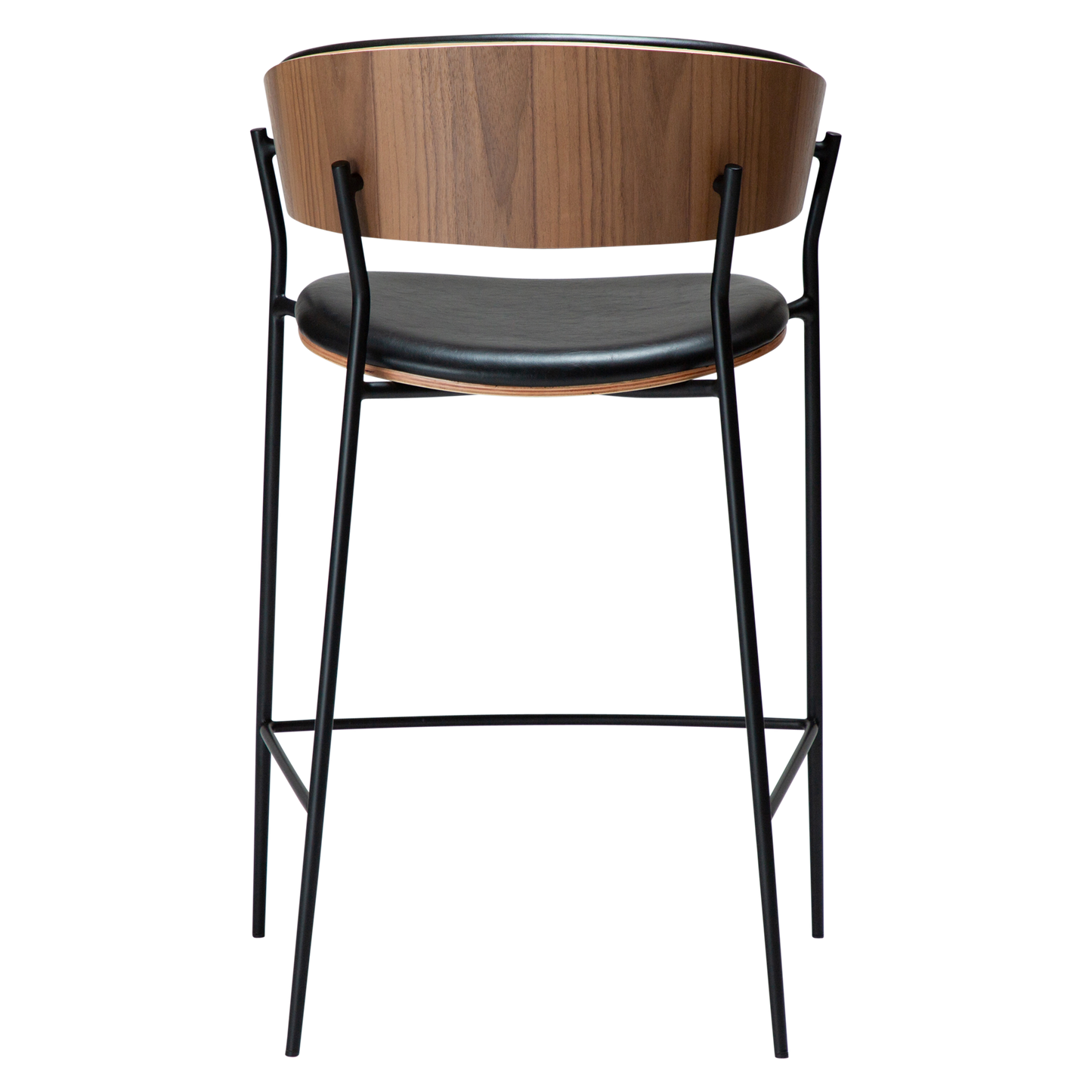 [var:Bezug=Vintage schwarzes Kunstleder und Walnussfurnier mit schwarzen Metallbeinen] CRIB Thekenhocker