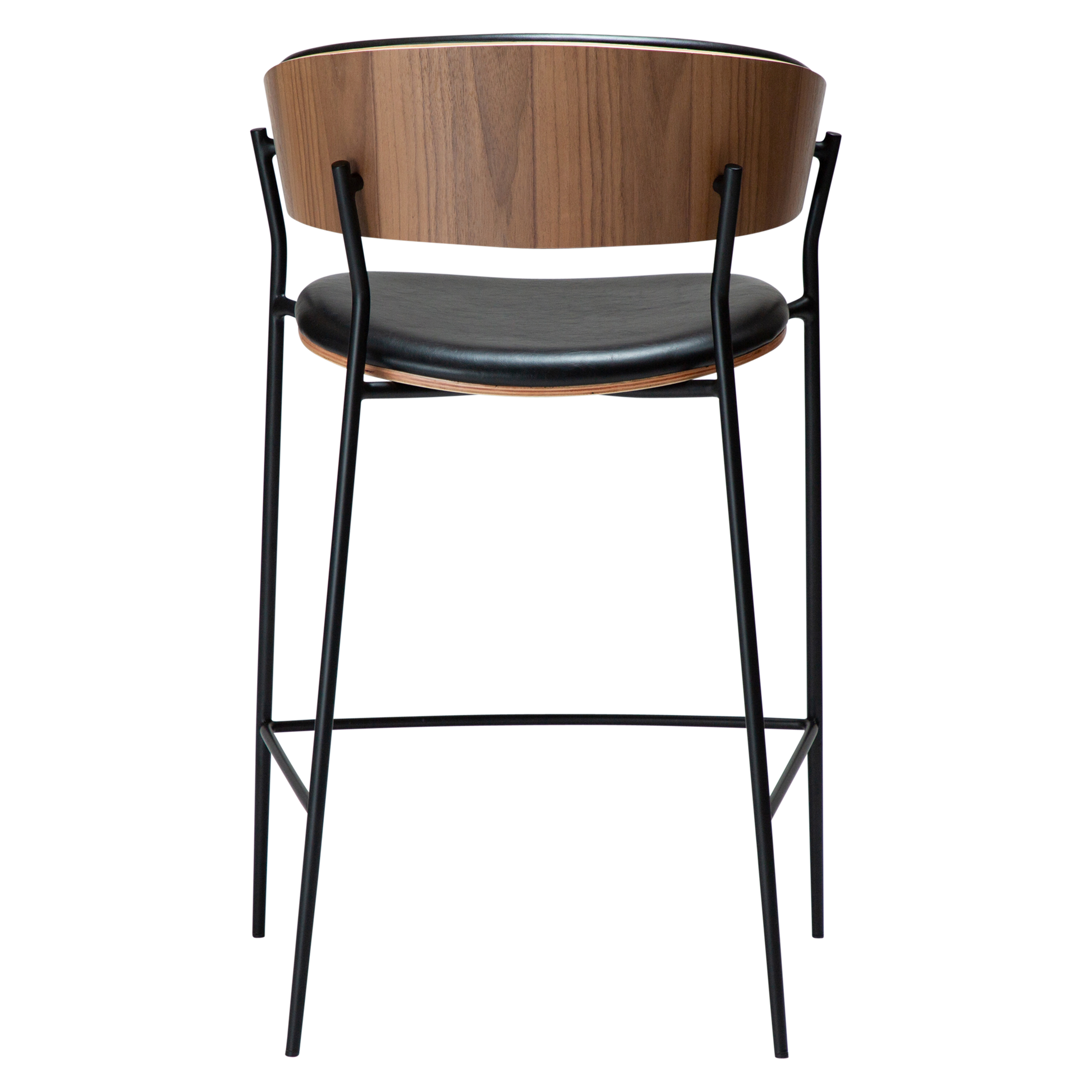 [var:Bezug=Vintage schwarzes Kunstleder und Walnussfurnier mit schwarzen Metallbeinen] CRIB Thekenhocker