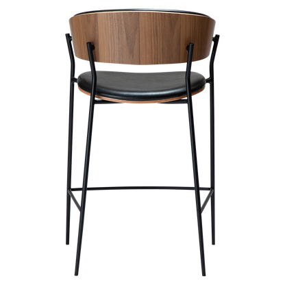 [var:Bezug=Vintage schwarzes Kunstleder und Walnussfurnier mit schwarzen Metallbeinen] CRIB Thekenhocker