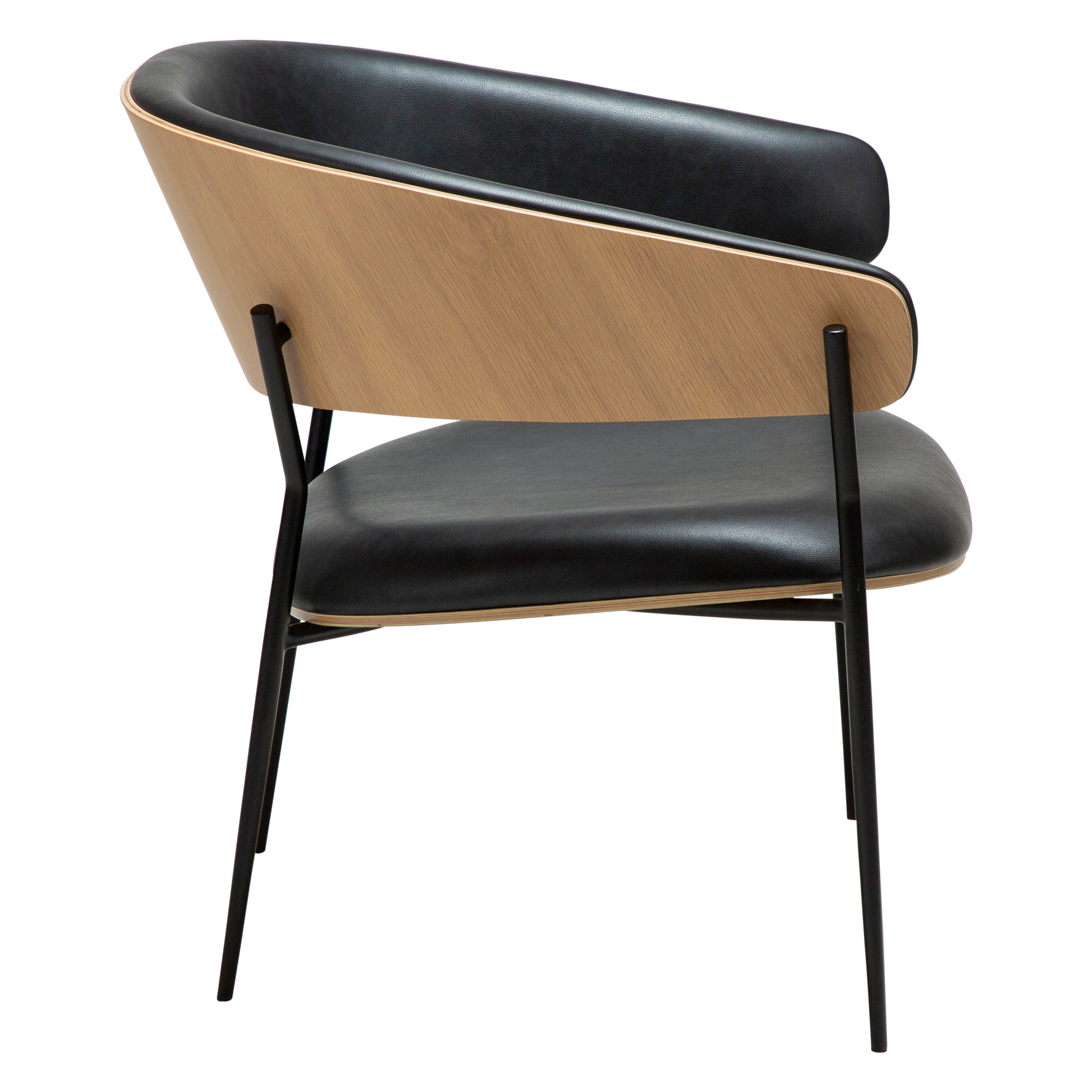 [var:Bezug=Raben-schwarzes Kunstleder und weißgewaschenes Eichenfurnier mit schwarzen Metallbeinen] CRIB Lounge-Stuhl