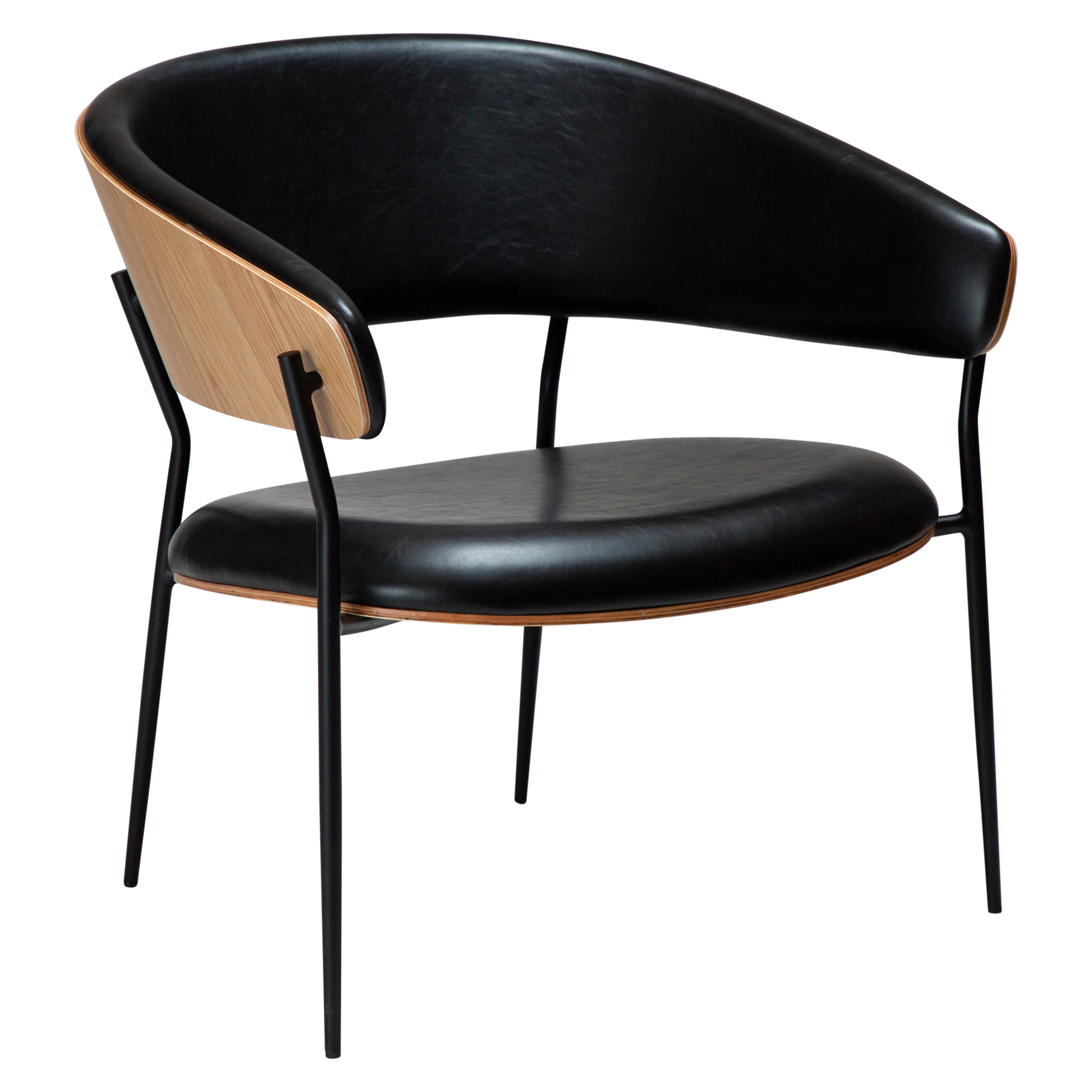 [var:Bezug=Vintage schwarzes Kunstleder und Eichenfurnier mit schwarzen Metallbeinen] CRIB Lounge-Stuhl