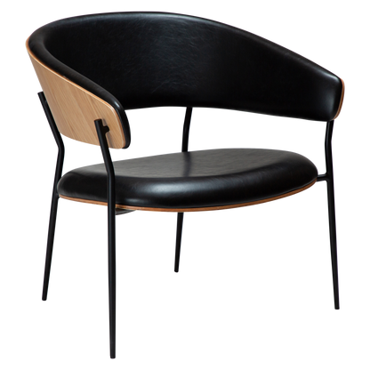 [var:Bezug=Vintage schwarzes Kunstleder und Eichenfurnier mit schwarzen Metallbeinen] CRIB Lounge-Stuhl