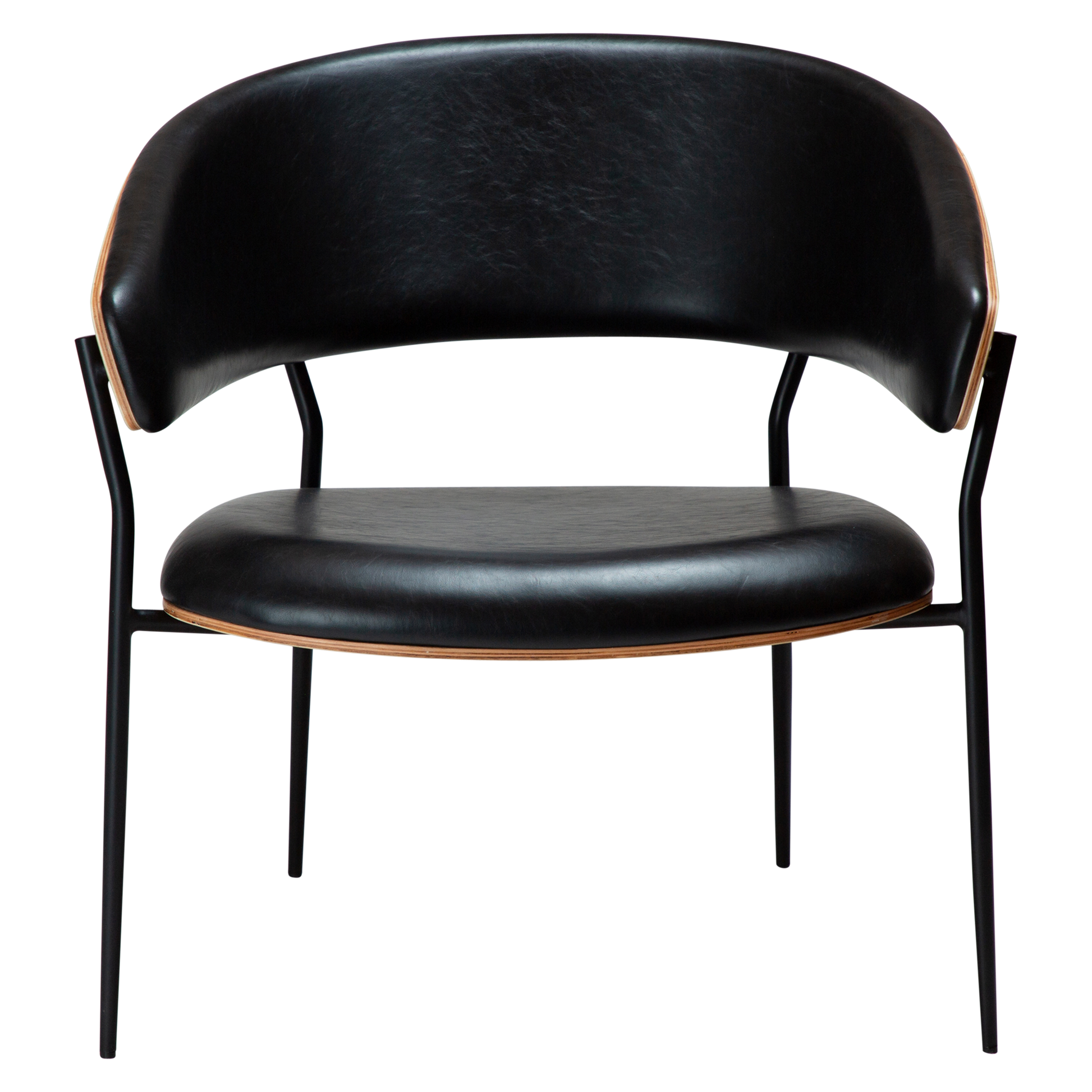 [var:Bezug=Vintage schwarzes Kunstleder und Eichenfurnier mit schwarzen Metallbeinen] CRIB Lounge-Stuhl