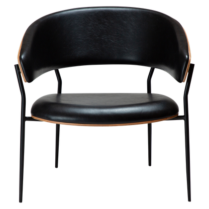 [var:Bezug=Vintage schwarzes Kunstleder und Eichenfurnier mit schwarzen Metallbeinen] CRIB Lounge-Stuhl
