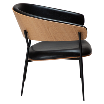 [var:Bezug=Vintage schwarzes Kunstleder und Eichenfurnier mit schwarzen Metallbeinen] CRIB Lounge-Stuhl