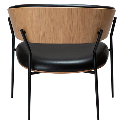[var:Bezug=Vintage schwarzes Kunstleder und Eichenfurnier mit schwarzen Metallbeinen] CRIB Lounge-Stuhl