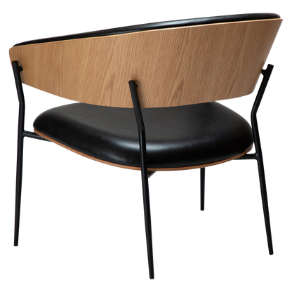 [var:Bezug=Vintage schwarzes Kunstleder und Eichenfurnier mit schwarzen Metallbeinen] CRIB Lounge-Stuhl