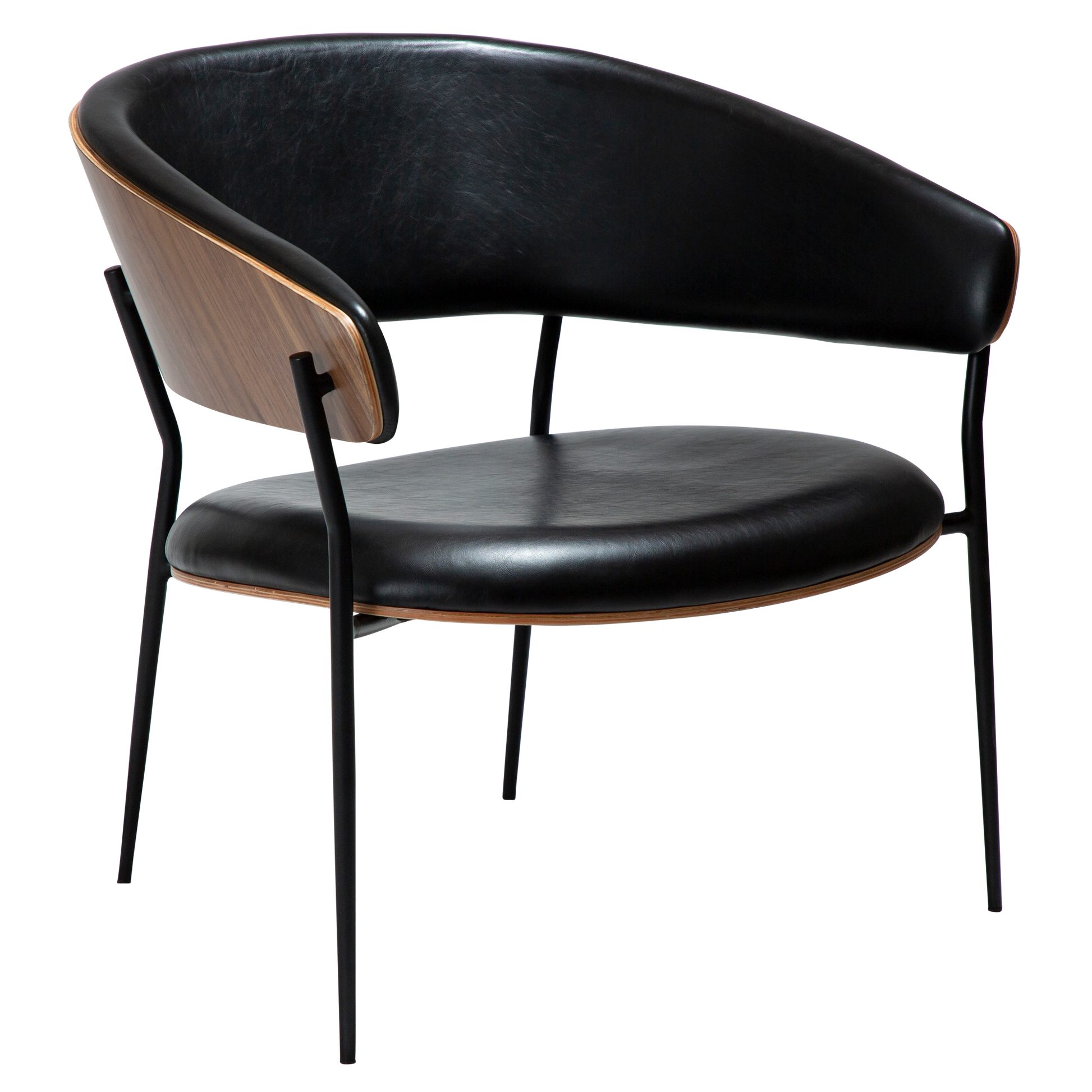 [var:Bezug=Vintage schwarzes Kunstleder und Walnussfurnier mit schwarzen Metallbeinen] CRIB Lounge-Stuhl