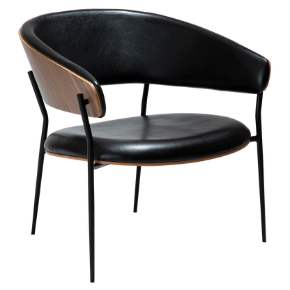 [var:Bezug=Vintage schwarzes Kunstleder und Walnussfurnier mit schwarzen Metallbeinen] CRIB Lounge-Stuhl