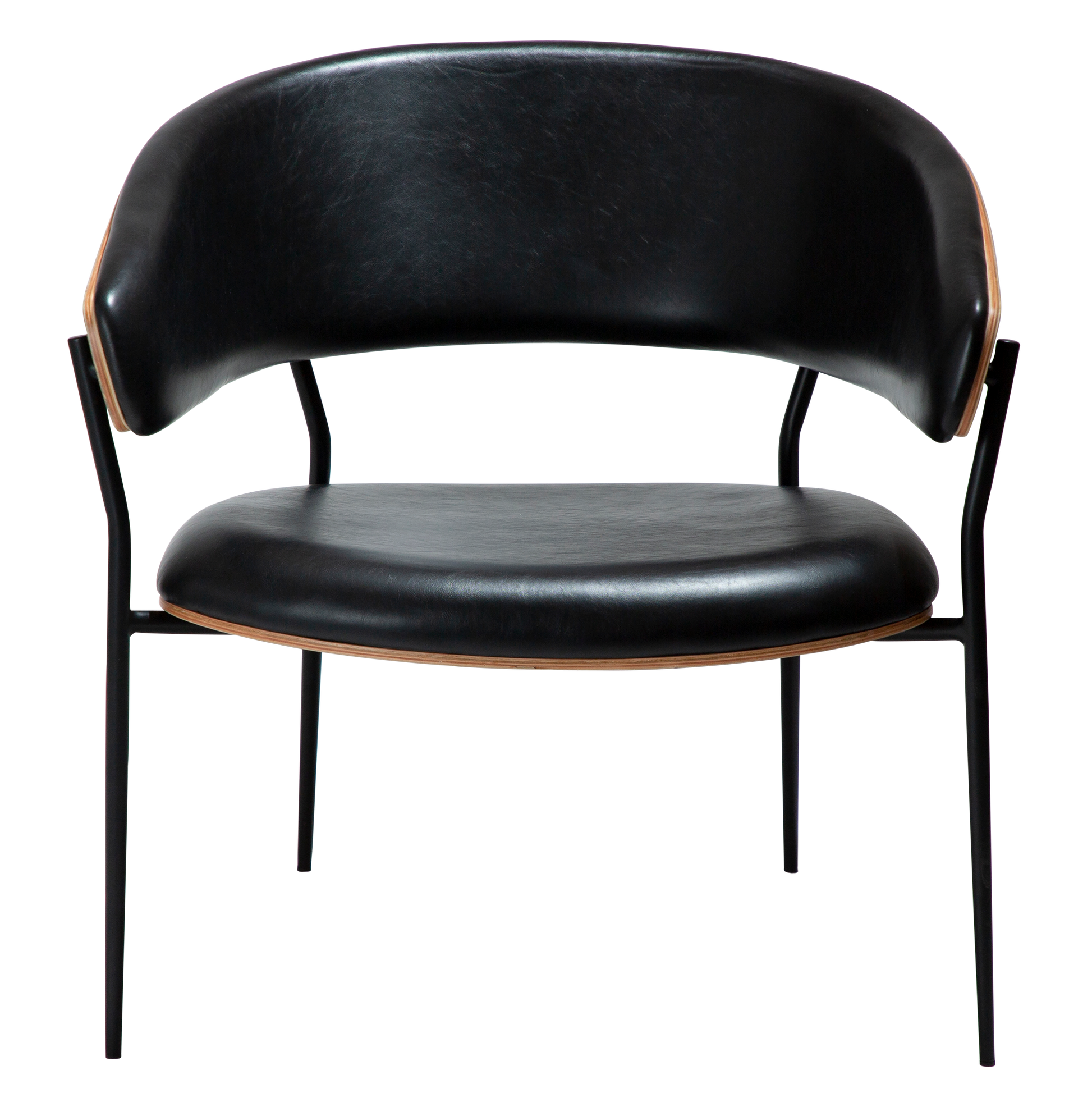 [var:Bezug=Vintage schwarzes Kunstleder und Walnussfurnier mit schwarzen Metallbeinen] CRIB Lounge-Stuhl