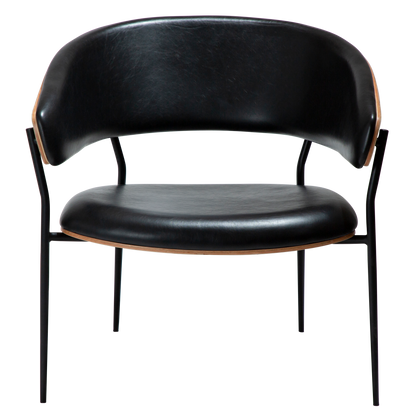 [var:Bezug=Vintage schwarzes Kunstleder und Walnussfurnier mit schwarzen Metallbeinen] CRIB Lounge-Stuhl