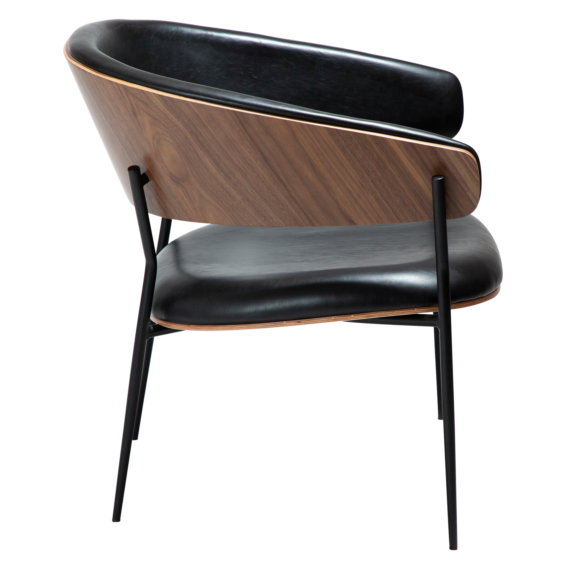[var:Bezug=Vintage schwarzes Kunstleder und Walnussfurnier mit schwarzen Metallbeinen] CRIB Lounge-Stuhl