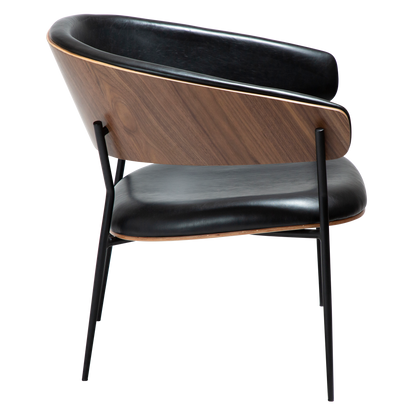 [var:Bezug=Vintage schwarzes Kunstleder und Walnussfurnier mit schwarzen Metallbeinen] CRIB Lounge-Stuhl