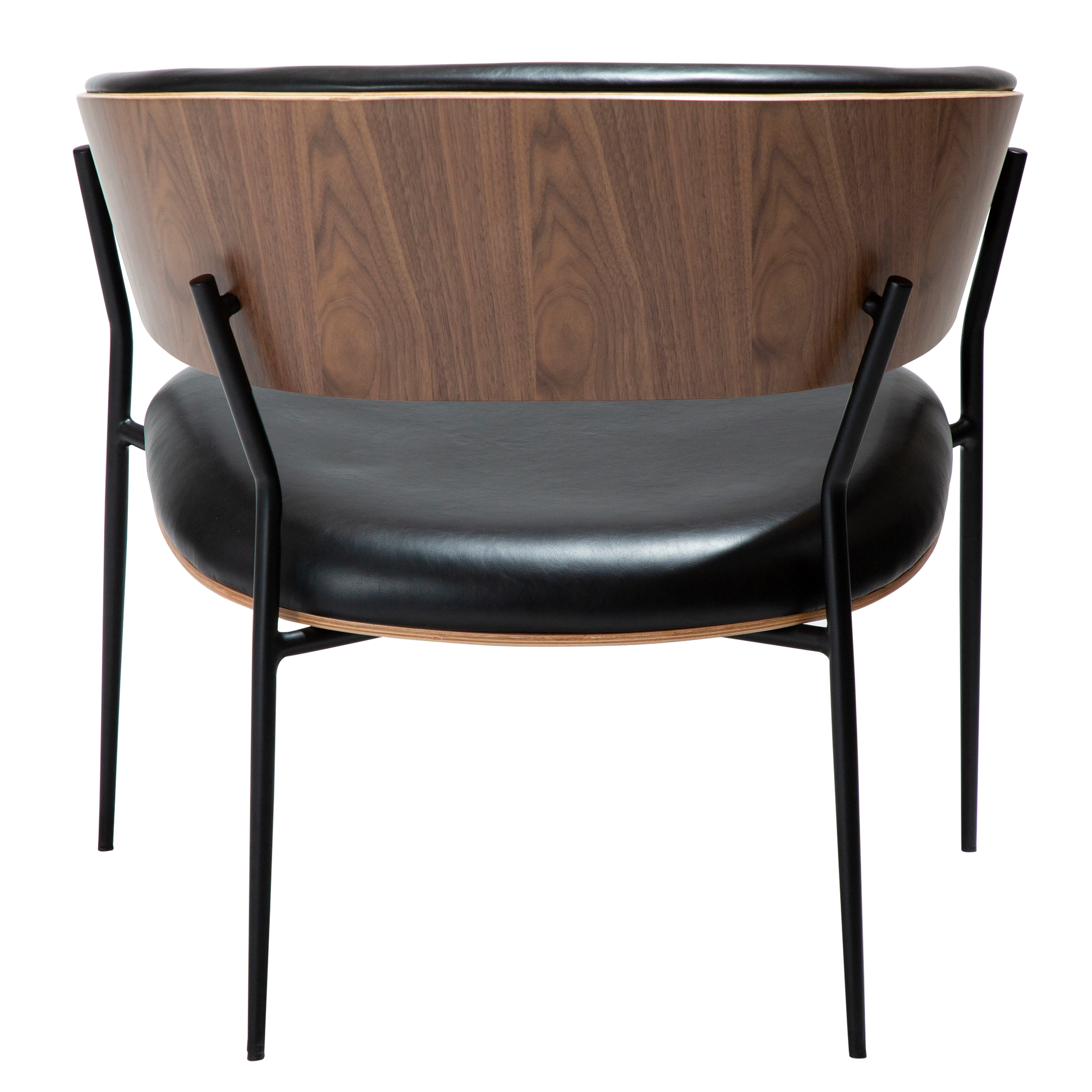 [var:Bezug=Vintage schwarzes Kunstleder und Walnussfurnier mit schwarzen Metallbeinen] CRIB Lounge-Stuhl