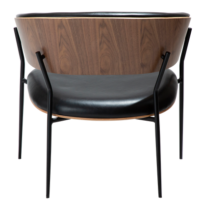 [var:Bezug=Vintage schwarzes Kunstleder und Walnussfurnier mit schwarzen Metallbeinen] CRIB Lounge-Stuhl