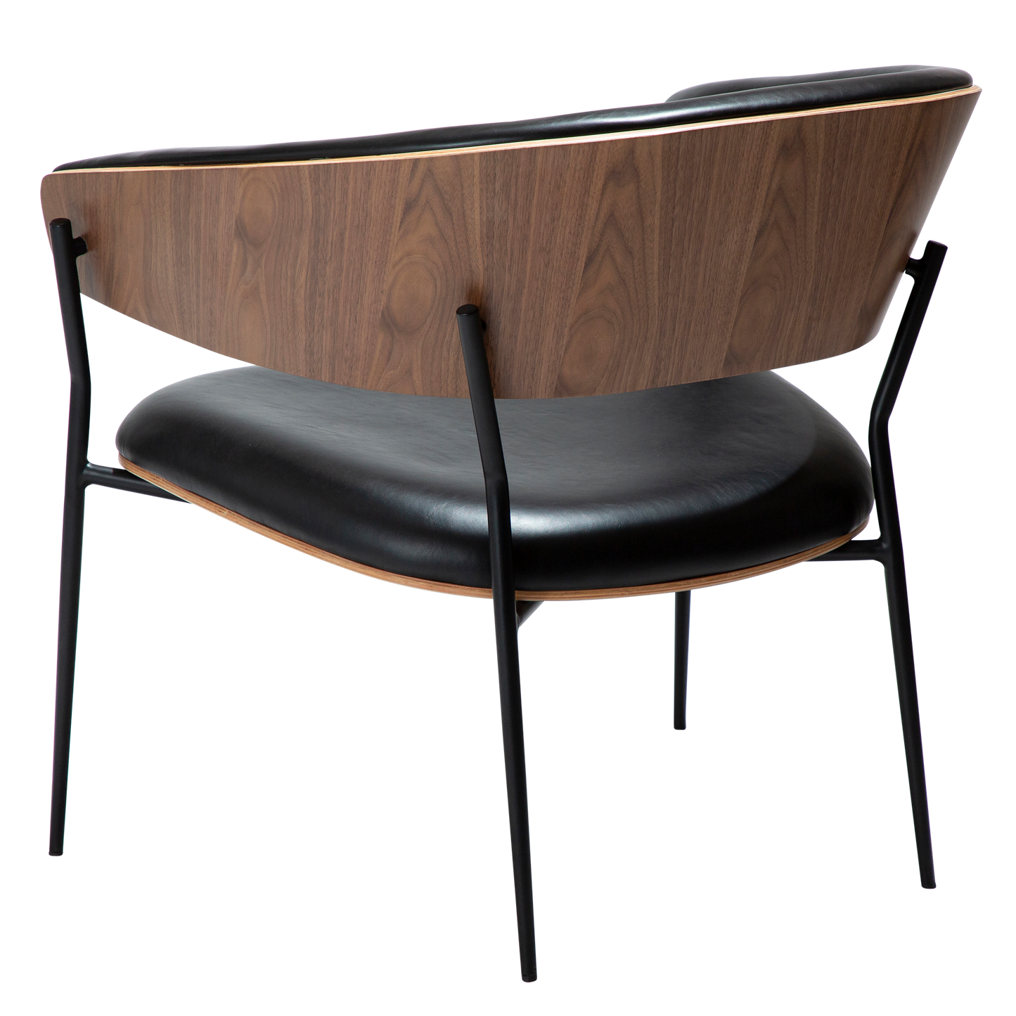 [var:Bezug=Vintage schwarzes Kunstleder und Walnussfurnier mit schwarzen Metallbeinen] CRIB Lounge-Stuhl