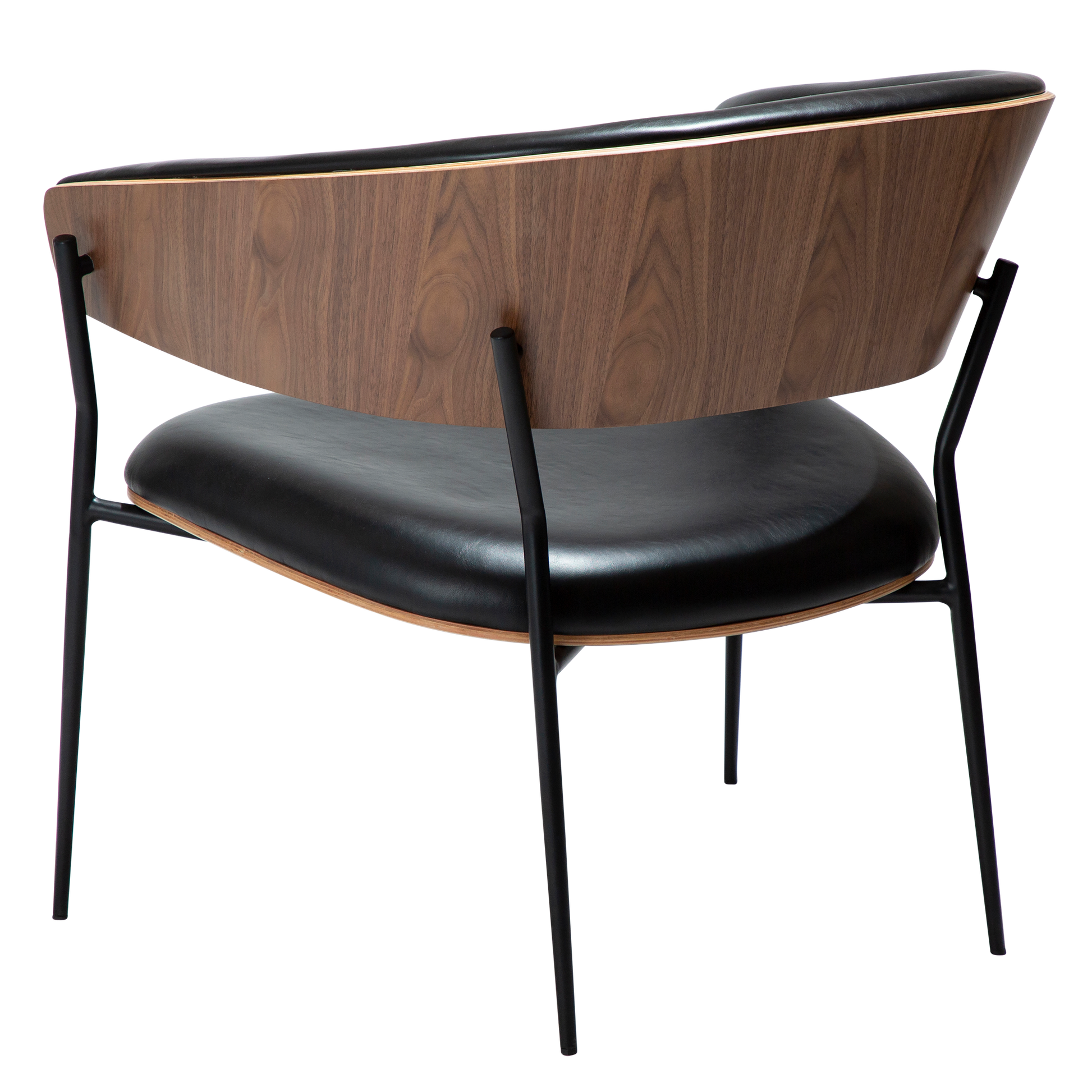 [var:Bezug=Vintage schwarzes Kunstleder und Walnussfurnier mit schwarzen Metallbeinen] CRIB Lounge-Stuhl